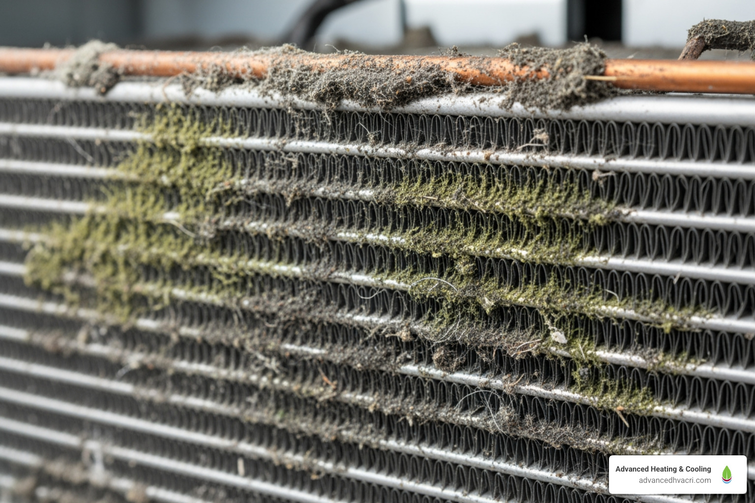 of a moldy, dirty evaporator coil up close - Evaporator coil cleaning service