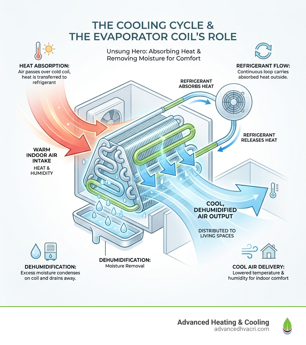 Infographic explaining the cooling cycle and the evaporator coil's role - Evaporator coil cleaning service infographic 
