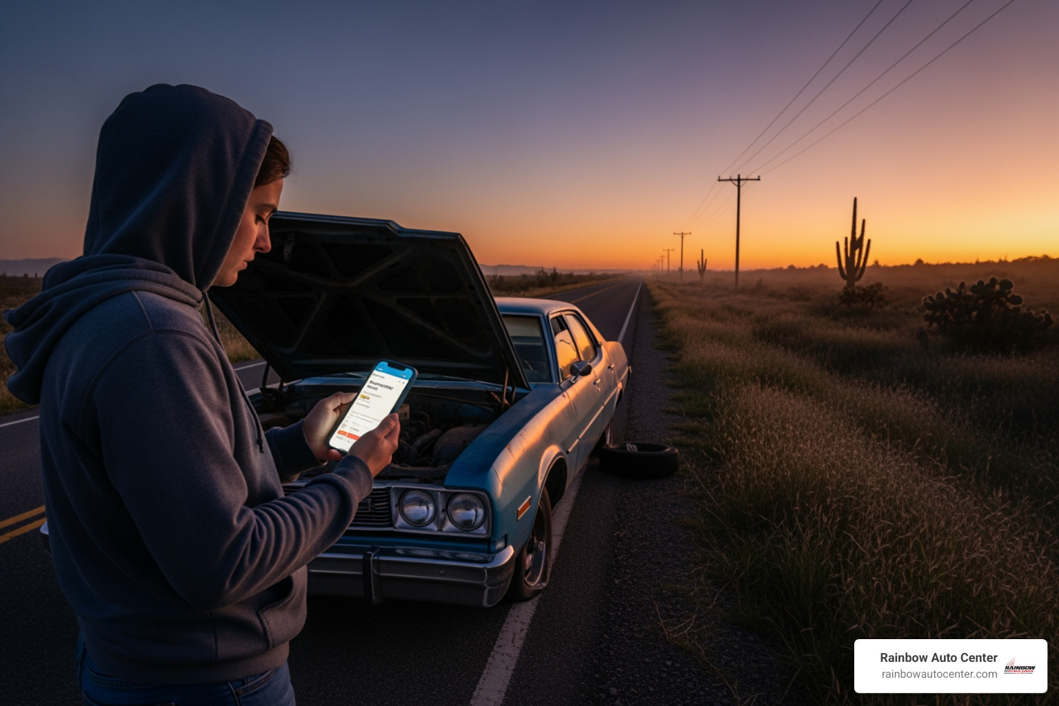 Driver using a smartphone to search for a tow service - 24 hour wrecker service