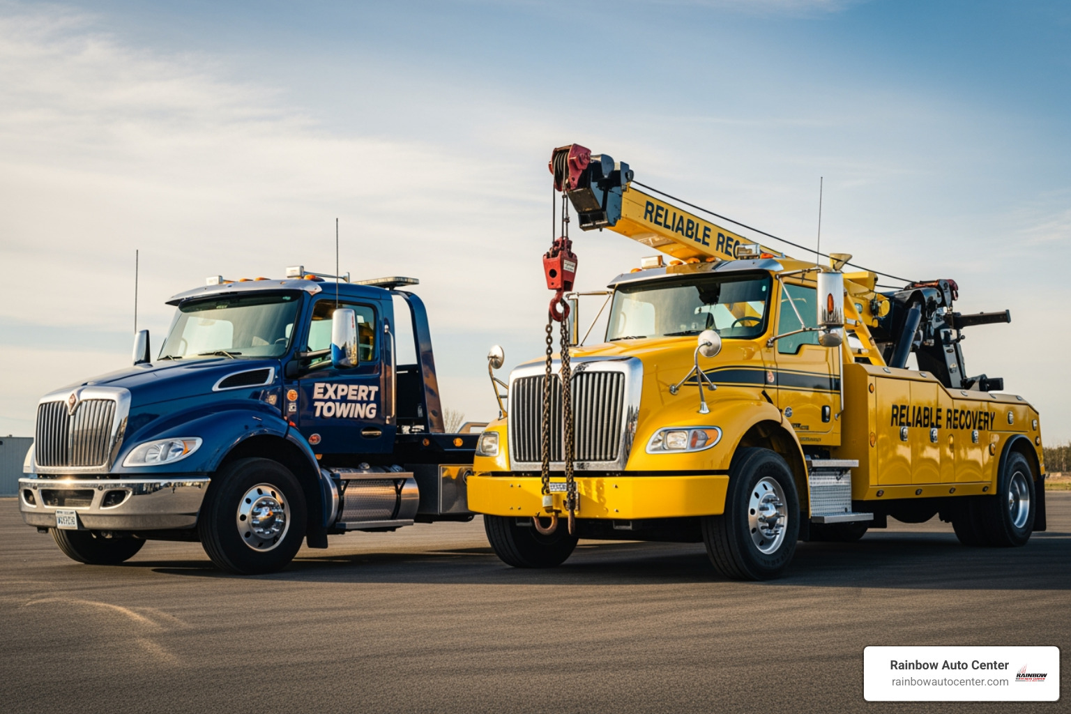 Side-by-side comparison of a flatbed tow truck and a traditional hook-and-chain wrecker - 24 hour wrecker service