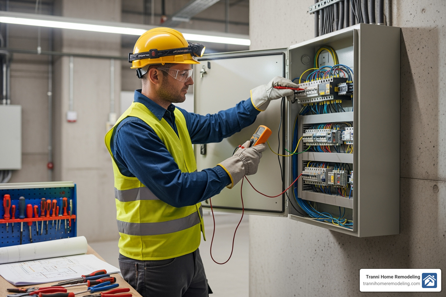 Electrician wearing safety gear working on an open electrical panel - 250 amp electrical panel