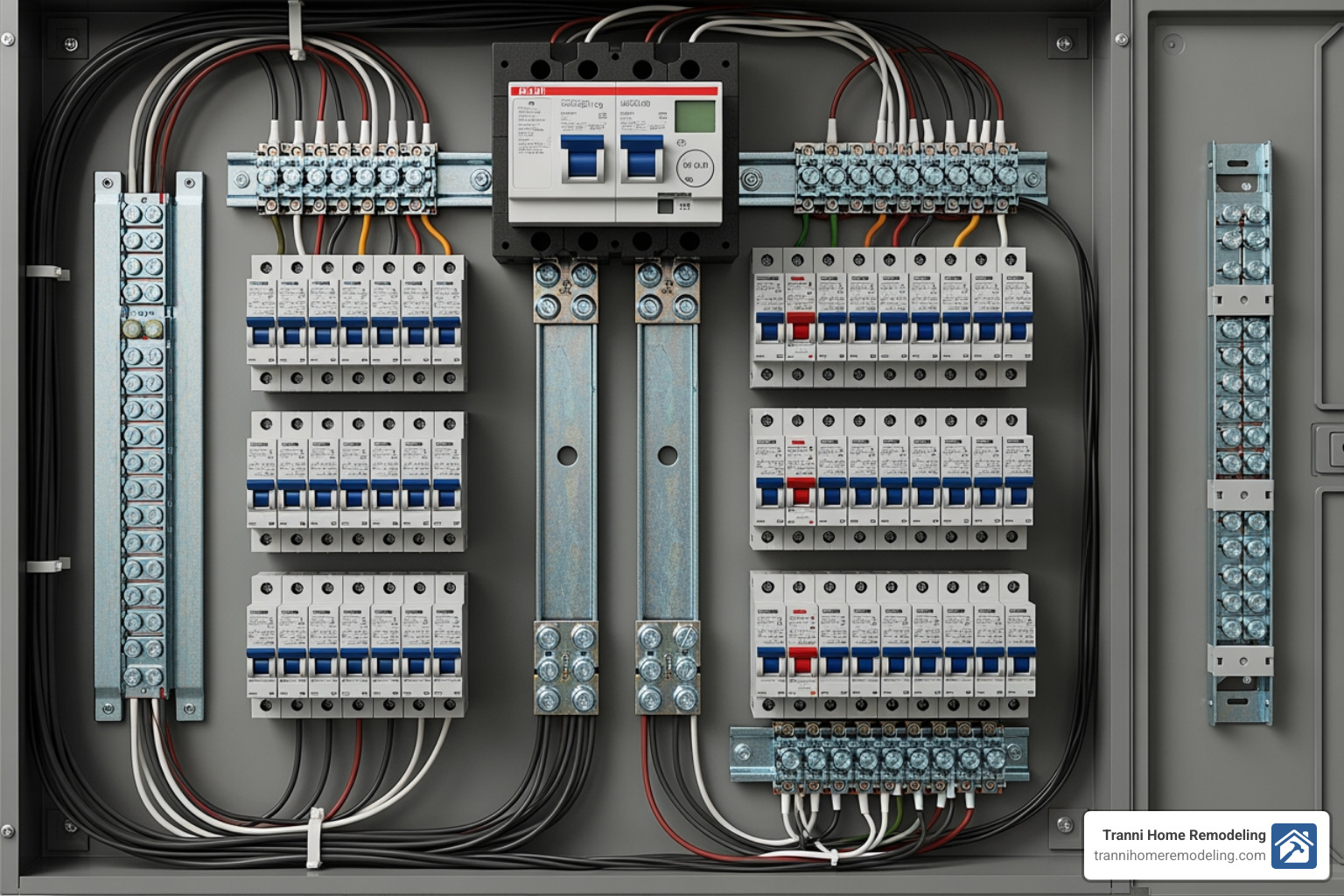 Inside of an electrical panel with bus bars, main breaker, and individual circuit breakers labeled - 250 amp electrical panel
