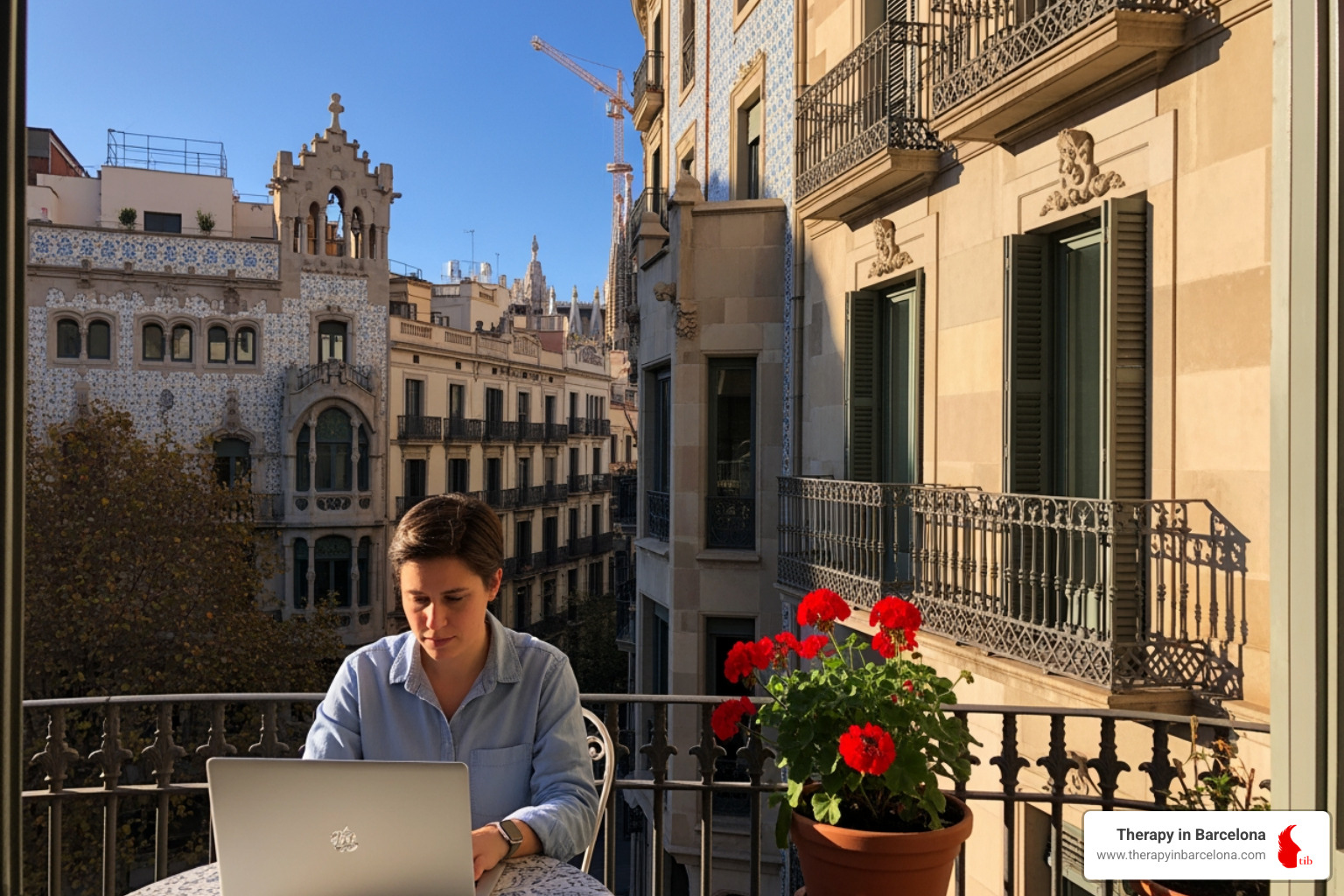 person working on a laptop on a sunny Barcelona balcony - english speaking jobs in barcelona spain person working on a laptop on a sunny Barcelona balcony - english speaking jobs in barcelona spain