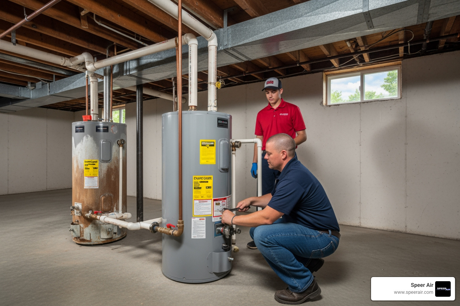 Infographic explaining the top 5 signs your water heater needs replacement. The infographic shows a water heater with arrows pointing to different components and text bubbles indicating: 1. Age (10+ years), 2. Inconsistent Hot Water, 3. Rusty Water, 4. Strange Noises, 5. Leaks or Puddles. - affordable water heater replacement in rockaway, nj Infographic explaining the top 5 signs your water heater needs replacement. The infographic shows a water heater with arrows pointing to different components and text bubbles indicating: 1. Age (10+ years), 2. Inconsistent Hot Water, 3. Rusty Water, 4. Strange Noises, 5. Leaks or Puddles. - affordable water heater replacement in rockaway, nj