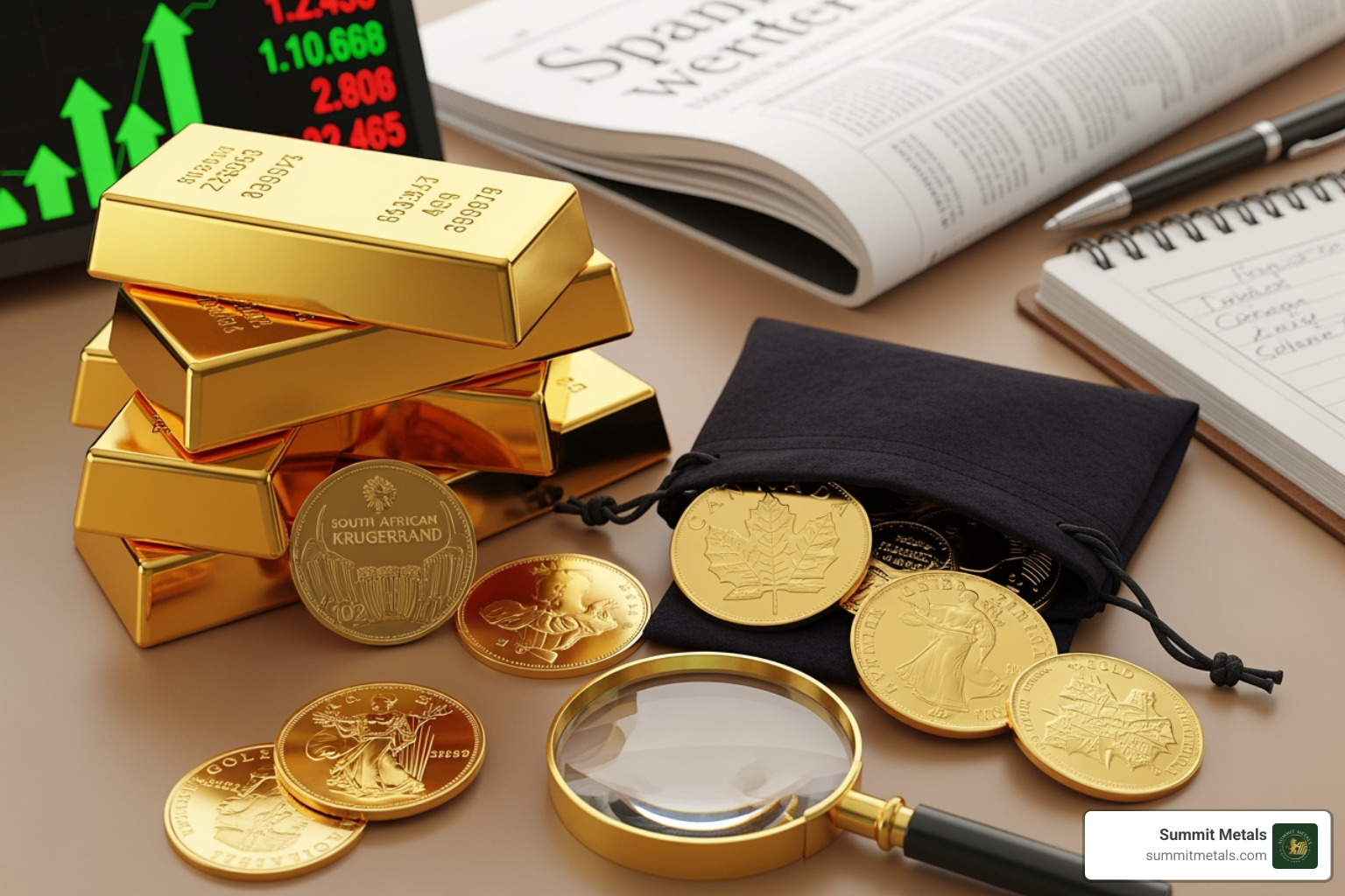 Physical gold coin, smartphone with an ETF chart, and a mining operation - gold investment strategies
