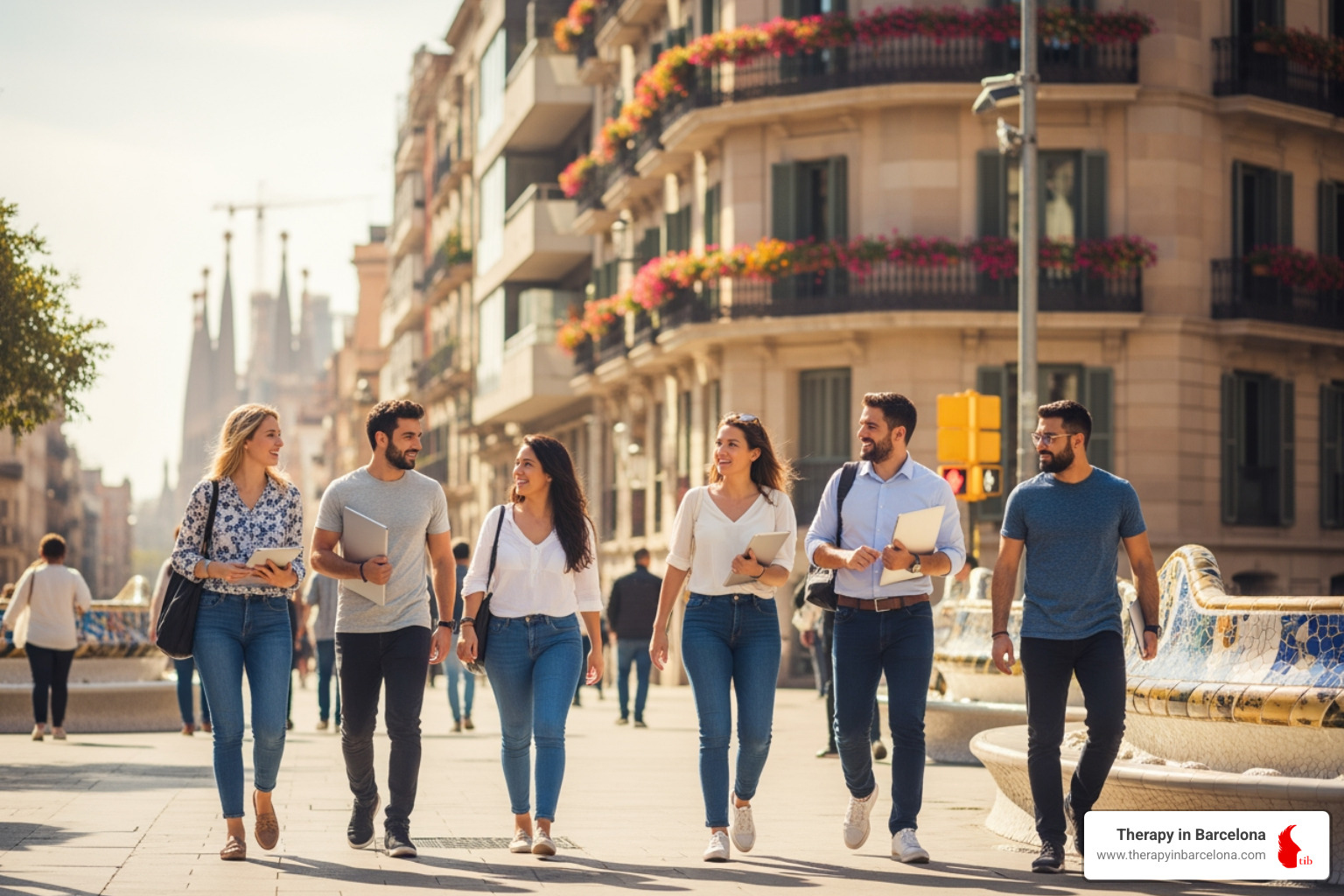 A diverse group of professionals collaborating in a modern, sunlit Barcelona office space - english speaking jobs in barcelona spain A diverse group of professionals collaborating in a modern, sunlit Barcelona office space - english speaking jobs in barcelona spain