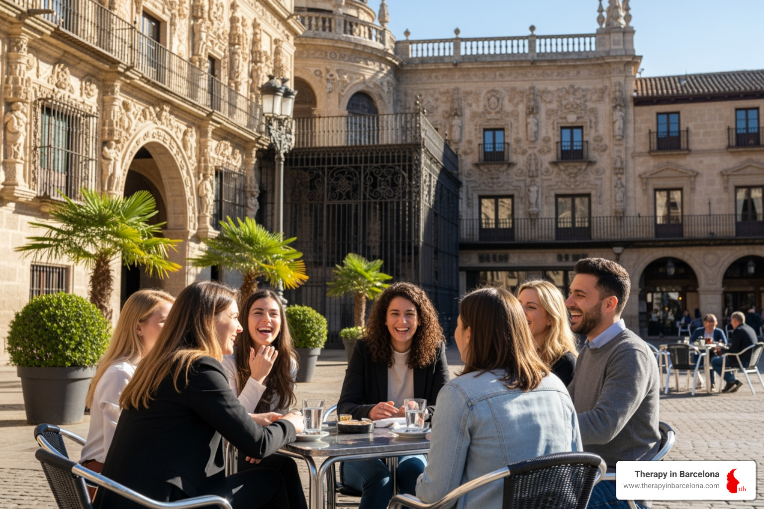 diverse group of friends having coffee in sunny plaza in Spain - what to do when feeling lonely