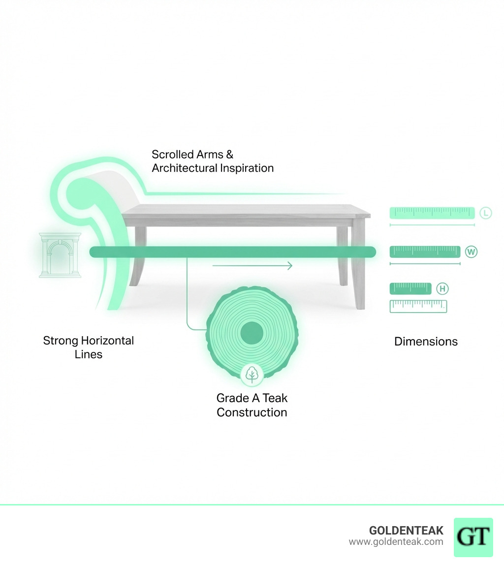 Infographic showing key design elements of Lutyens furniture including scrolled arms architectural inspiration strong horizontal lines Grade A teak construction and dimensions - lutyens coffee table infographic 