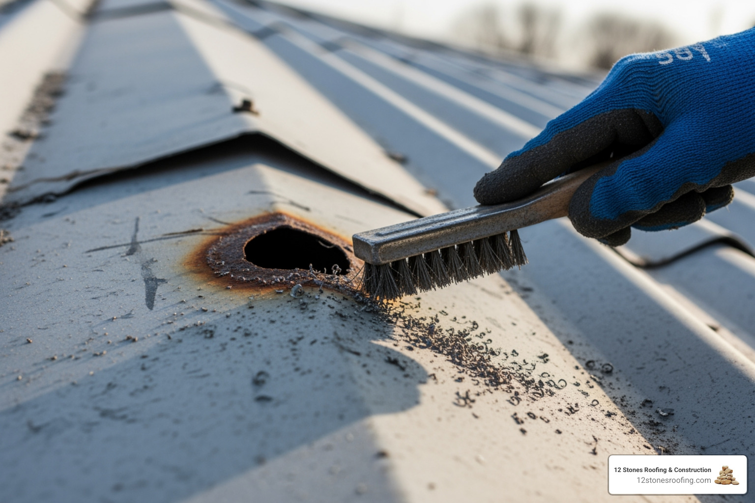 A gloved hand using a wire brush to clean around a small hole on a metal roof, preparing it for sealant application. - fix hole in metal roof