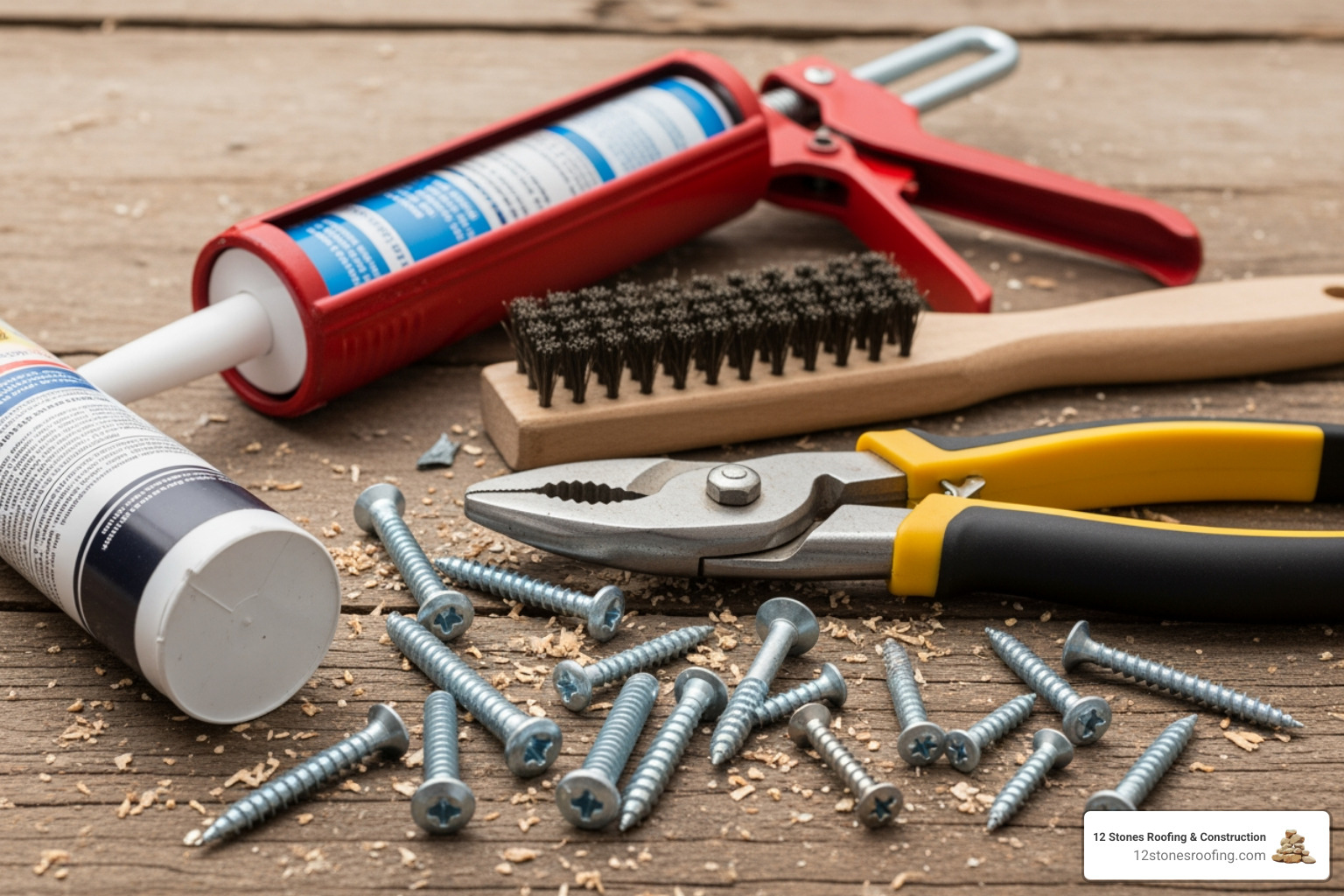 A collection of roofing tools including a caulk gun, tin snips, wire brush, sealant, and screws - fix hole in metal roof