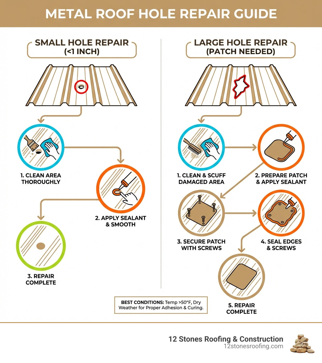 Infographic detailing steps to repair a small hole in a metal roof with sealant and a larger hole with a metal patch, highlighting cleaning, sealant application, and securing with screws. - fix hole in metal roof infographic 