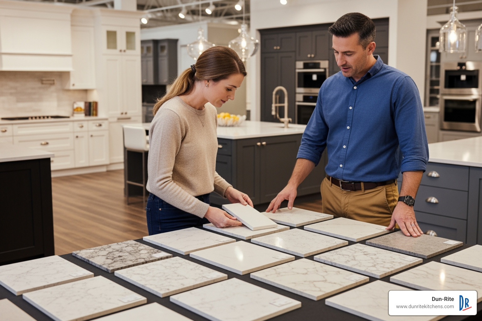 homeowner looking at various artificial granite samples - artificial granite for kitchen