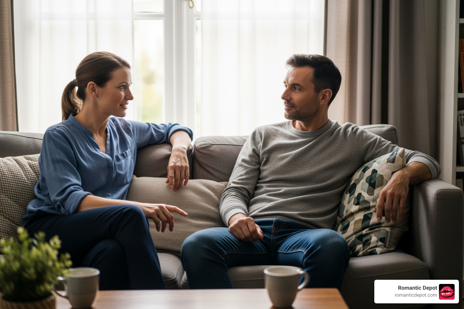 Two people having an open, respectful conversation on a couch - Sex Positivity Two people having an open, respectful conversation on a couch - Sex Positivity