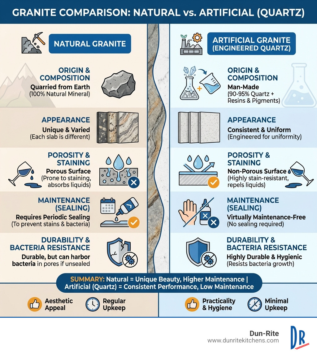 Infographic comparing natural vs. artificial granite properties for kitchen countertops - artificial granite for kitchen infographic 
