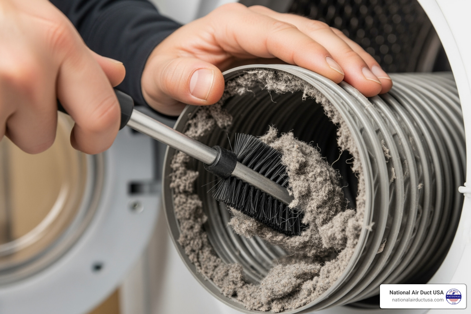 lint-clogged dryer vent being cleaned - dryer vent hose too long