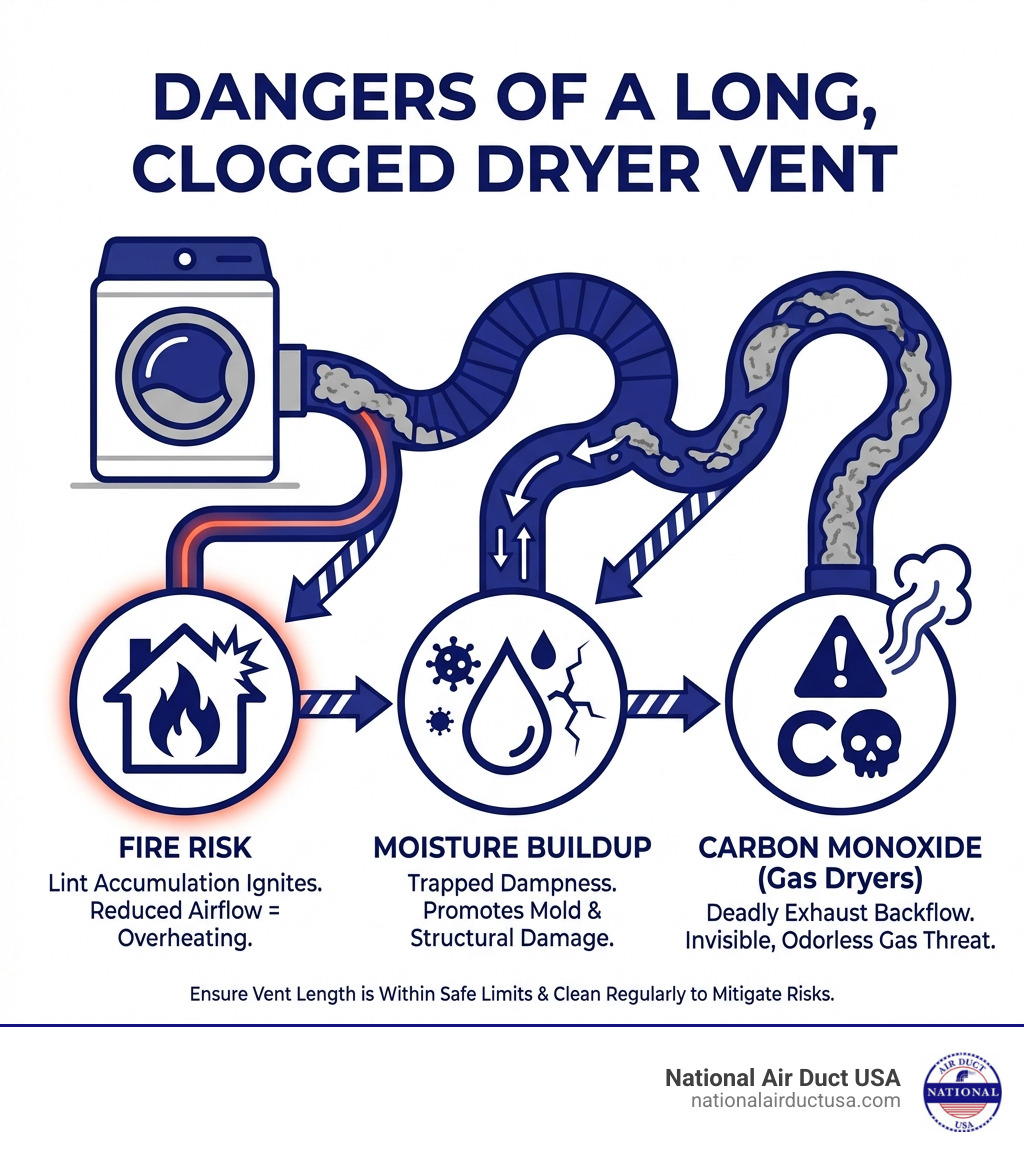 Infographic explaining the dangers of a long, clogged dryer vent, including fire risk, moisture buildup, and carbon monoxide danger for gas dryers. - dryer vent hose too long infographic 