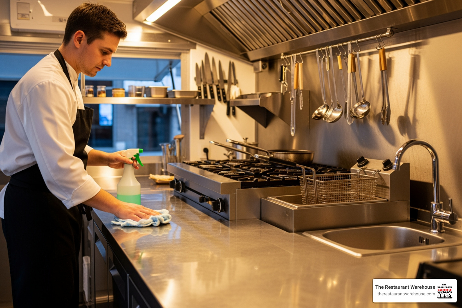 A chef cleaning the interior of a food truck with stainless steel surfaces - customized food trucks for sale