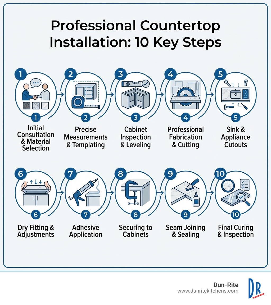 Infographic showing the 10 key steps of professional countertop installation: 1. Initial Consultation & Material Selection, 2. Precise Measurements & Templating, 3. Cabinet Inspection & Leveling, 4. Professional Fabrication & Cutting, 5. Sink & Appliance Cutouts, 6. Dry Fitting & Adjustments, 7. Adhesive Application, 8. Securing to Cabinets, 9. Seam Joining & Sealing, 10. Final Curing & Inspection - countertop installation infographic 