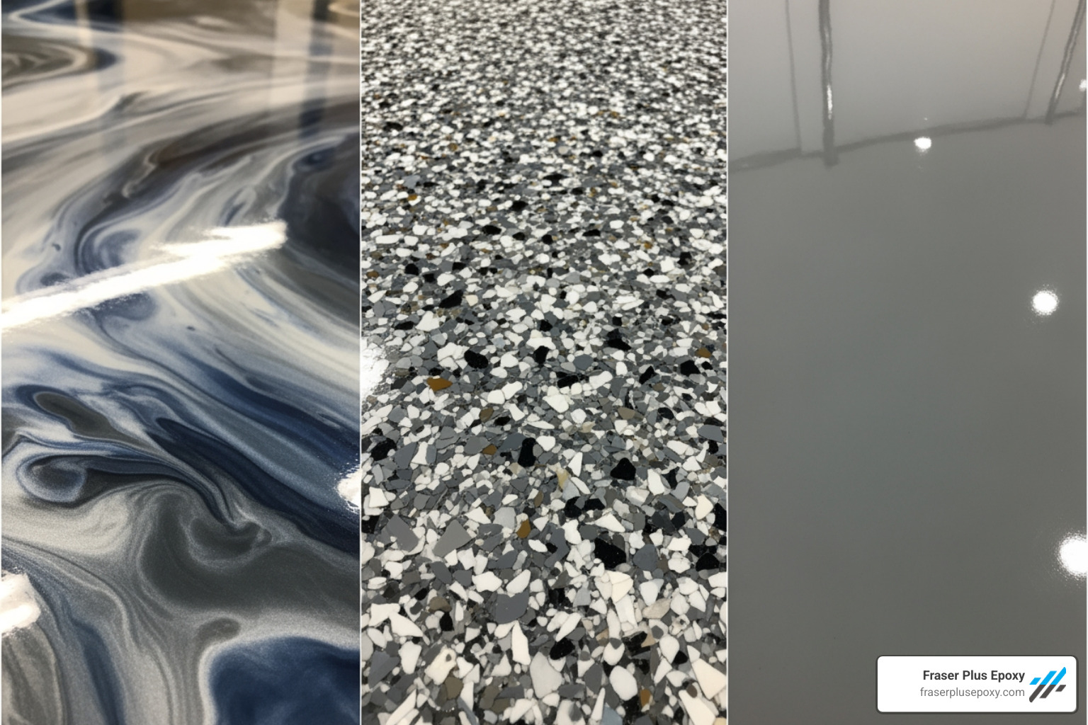 collage showing different epoxy finishes (metallic, flake, solid) - vancouver epoxy flooring experts