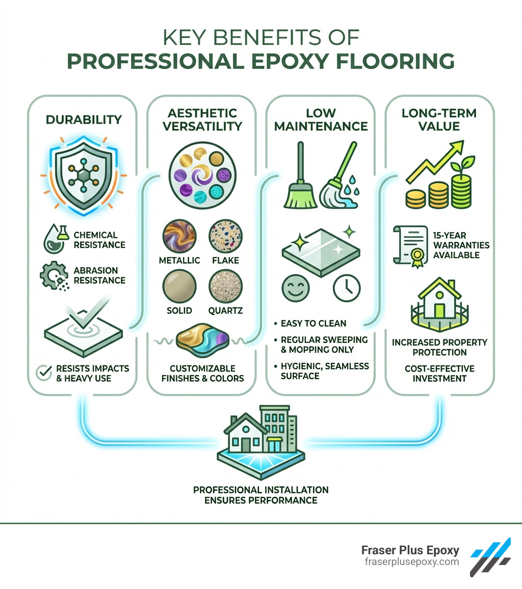 Infographic showing the key benefits of professional epoxy flooring: Durability through chemical and abrasion resistance, Aesthetic Versatility with metallic flake solid and quartz finishes, Low Maintenance requiring only regular sweeping and mopping, and Long-Term Value with 15-year warranties and increased property protection - vancouver epoxy flooring experts infographic 