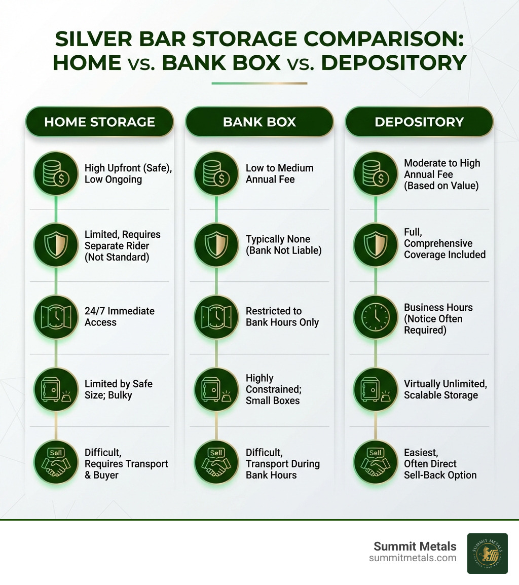 Infographic comparing home storage vs bank box vs depository for silver bars, showing cost, insurance coverage, access hours, space per dollar value, and ease of liquidation - store silver bars infographic 