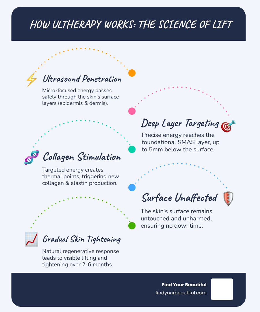 Infographic showing how Ultherapy ultrasound energy penetrates through skin layers (epidermis, dermis, and SMAS layer at 5mm depth) to stimulate collagen production, with arrows indicating the focused energy beams targeting deep tissue while the surface remains unaffected, resulting in gradual skin tightening over 2-6 months - ultherapy infographic infographic-line-5-steps-blues-accent_colors