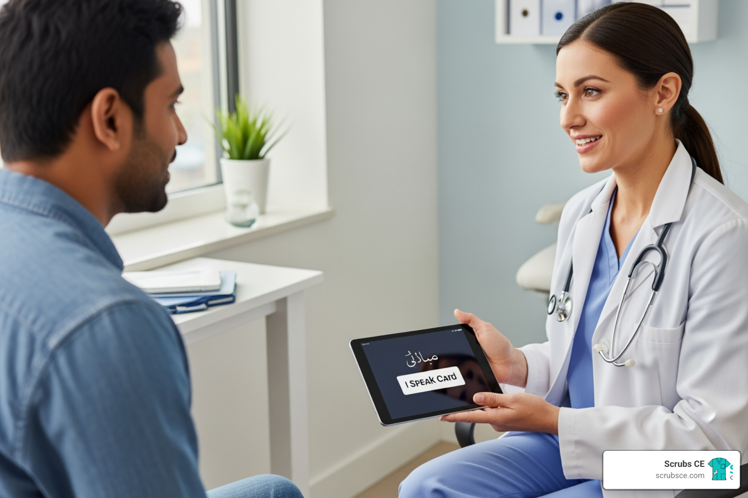 A healthcare provider using a communication tool, possibly an "I Speak Card" or a tablet with translation software, to communicate with a patient from a different cultural background. - cultural competency CE A healthcare provider using a communication tool, possibly an "I Speak Card" or a tablet with translation software, to communicate with a patient from a different cultural background. - cultural competency CE