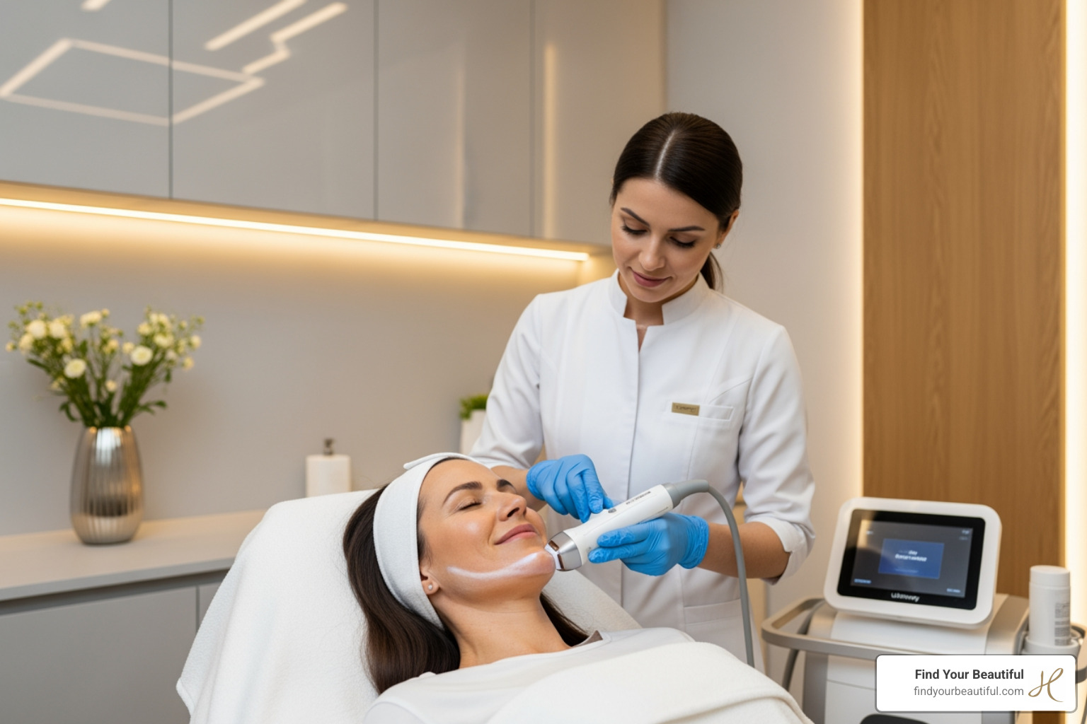 Image of a patient comfortably receiving Ultherapy treatment on her lower face - ultherapy
