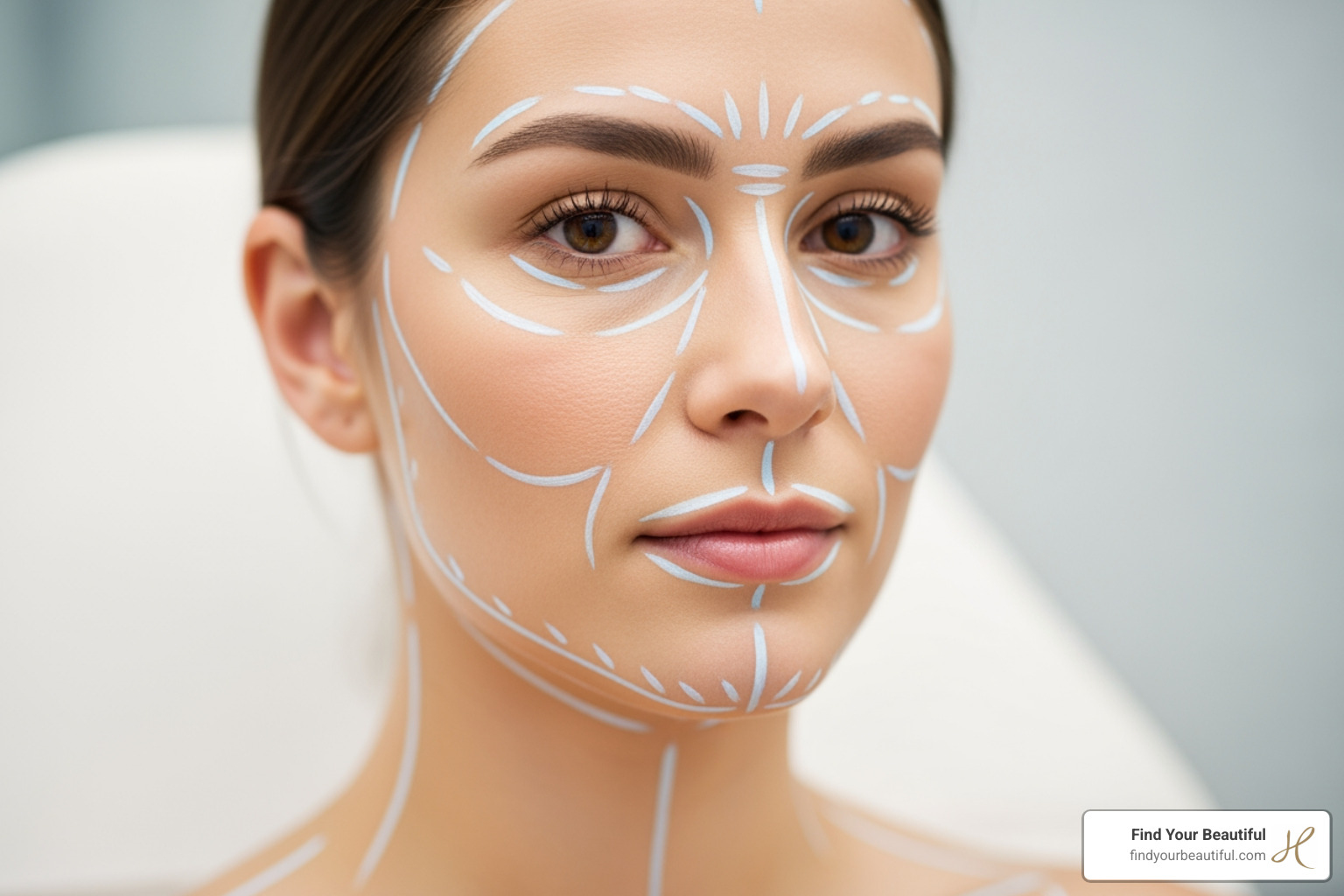 Image showing marked treatment areas on a face, neck, and décolletage - ultherapy