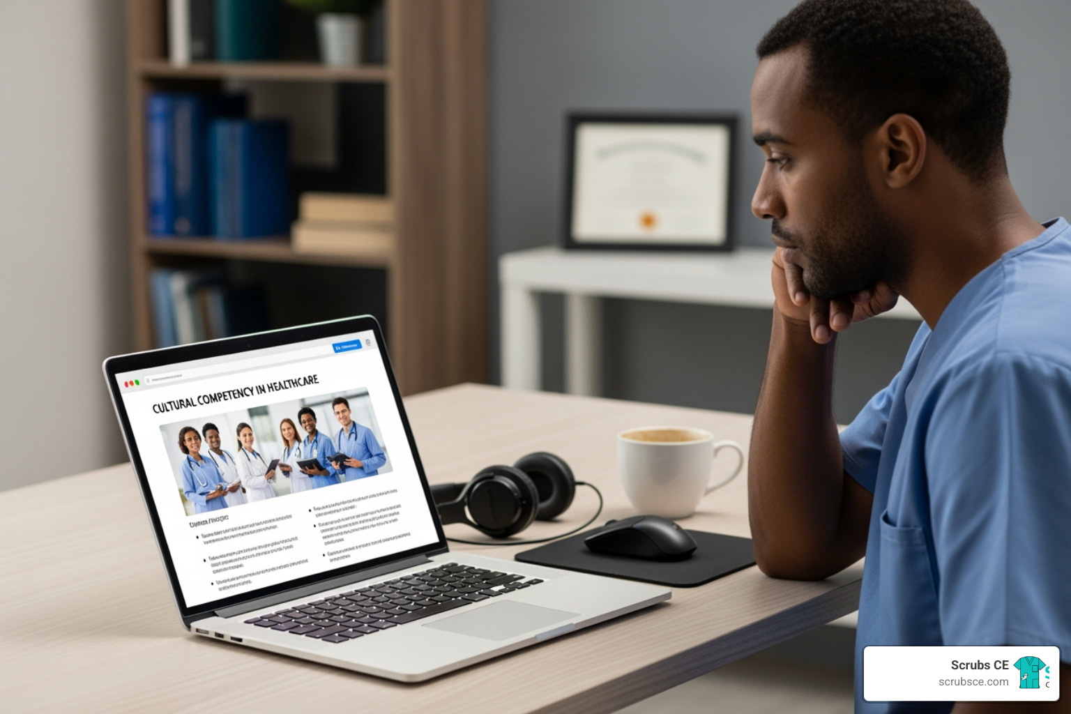 A Radiology professional on a laptop taking an online cultural competency CE course, highlighting the flexibility and accessibility of online learning. - cultural competency CE A Radiology professional on a laptop taking an online cultural competency CE course, highlighting the flexibility and accessibility of online learning. - cultural competency CE