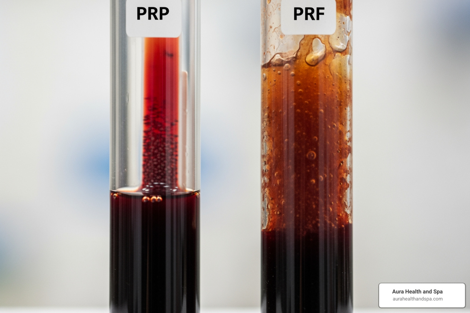 Table comparing PRF vs. PRP on key factors: Anticoagulants, Centrifuge Speed, Cell Composition (Platelets, Leukocytes, Stem Cells), Growth Factor Release (Sustained vs. Immediate), and Fibrin Matrix - PRF for hair