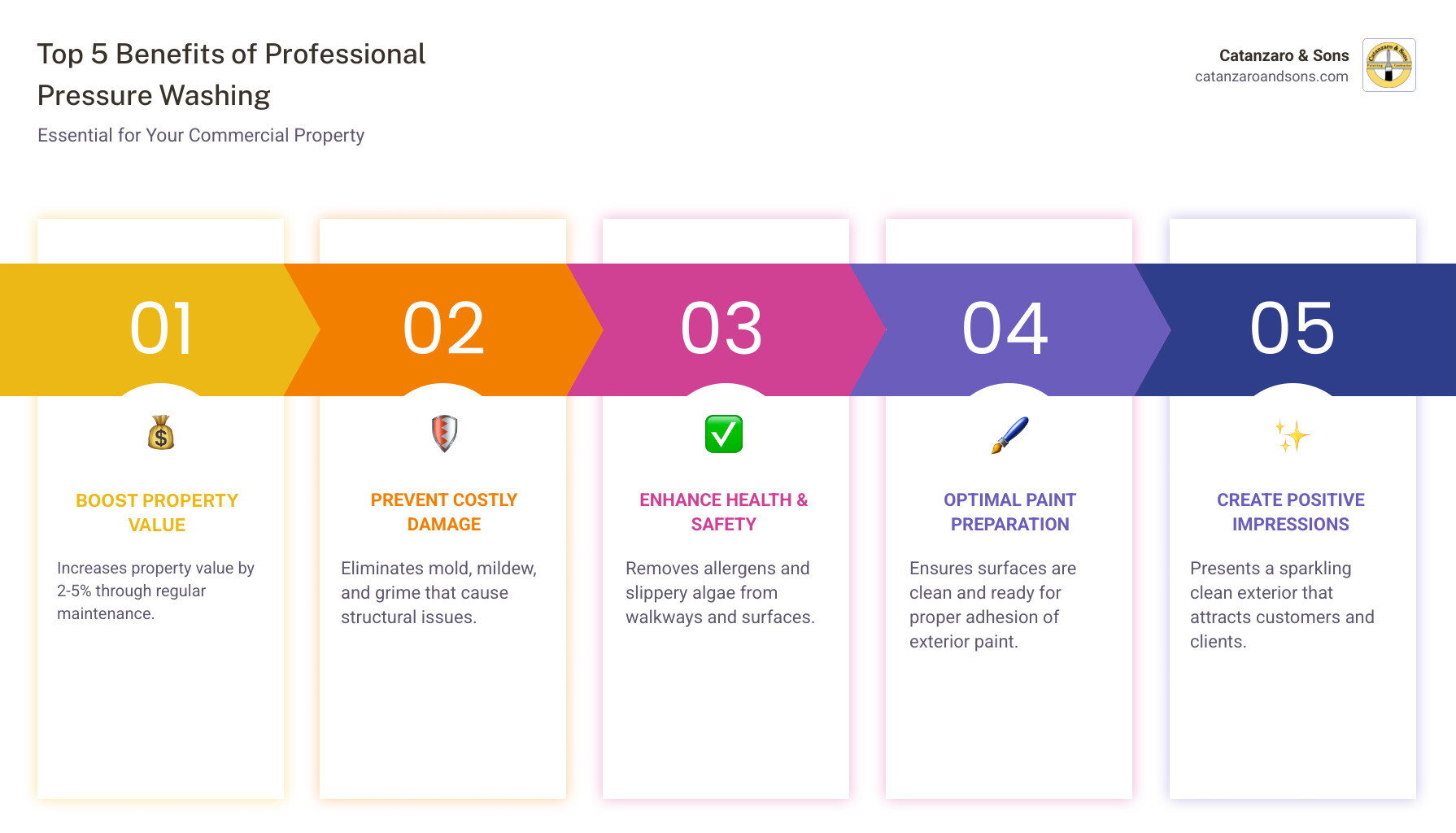 infographic showing top 5 benefits of professional pressure washing: 1. Protects property value and increases it by 2-5%, 2. Prevents costly damage from mold and mildew, 3. Removes health hazards and allergens, 4. Prepares surfaces properly for painting, 5. Creates positive first impressions for customers - pressure washing services infographic pillar-5-steps infographic showing top 5 benefits of professional pressure washing: 1. Protects property value and increases it by 2-5%, 2. Prevents costly damage from mold and mildew, 3. Removes health hazards and allergens, 4. Prepares surfaces properly for painting, 5. Creates positive first impressions for customers - pressure washing services infographic pillar-5-steps