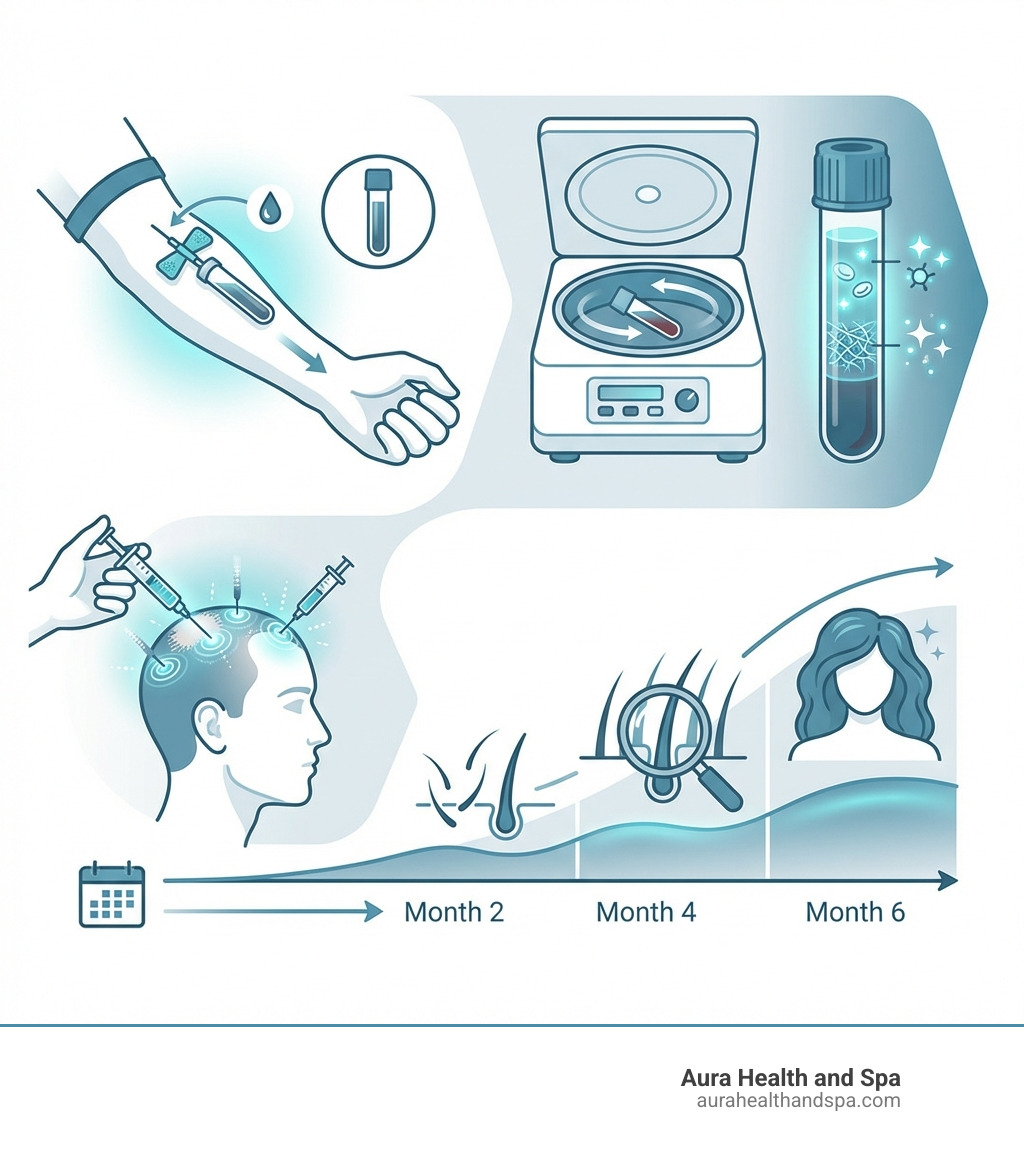 Infographic showing the PRF hair restoration process: Step 1 - Blood draw from patient's arm; Step 2 - Blood sample placed in centrifuge for separation; Step 3 - PRF extraction showing concentrated platelets, growth factors, and fibrin matrix; Step 4 - Precise scalp injections into thinning areas; Step 5 - Timeline showing growth factor release over 2-6 months with results including reduced shedding, improved texture, and visible regrowth - PRF for hair infographic 