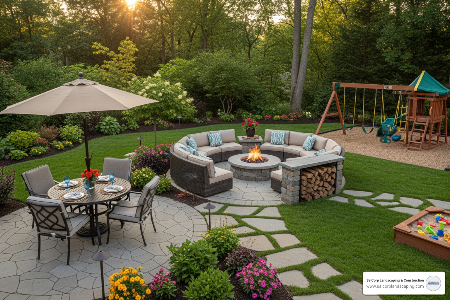 backyard clearly zoned with dining area, fire pit lounge, and play area - back yard landscaping designs