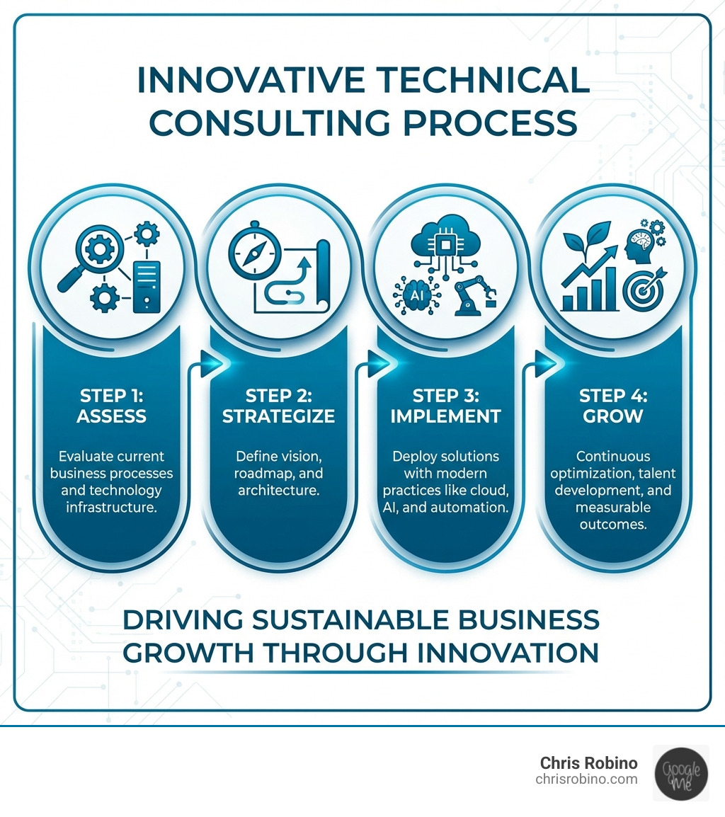 Infographic showing the innovative technical consulting process: Step 1 - Assess current business processes and technology infrastructure; Step 2 - Strategize by defining vision, roadmap, and architecture; Step 3 - Implement solutions with modern practices like cloud, AI, and automation; Step 4 - Grow through continuous optimization, talent development, and measurable outcomes - innovative technical business consulting infographic 