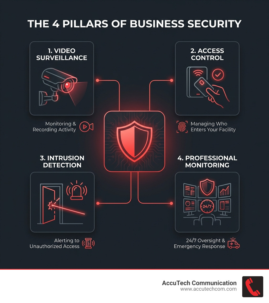 Infographic explaining the four pillars of business security: Video Surveillance for monitoring and recording activity, Access Control for managing who enters your facility, Intrusion Detection for alerting to unauthorized access, and Professional Monitoring for 24/7 oversight and emergency response - Business Security Systems infographic Infographic explaining the four pillars of business security: Video Surveillance for monitoring and recording activity, Access Control for managing who enters your facility, Intrusion Detection for alerting to unauthorized access, and Professional Monitoring for 24/7 oversight and emergency response - Business Security Systems infographic