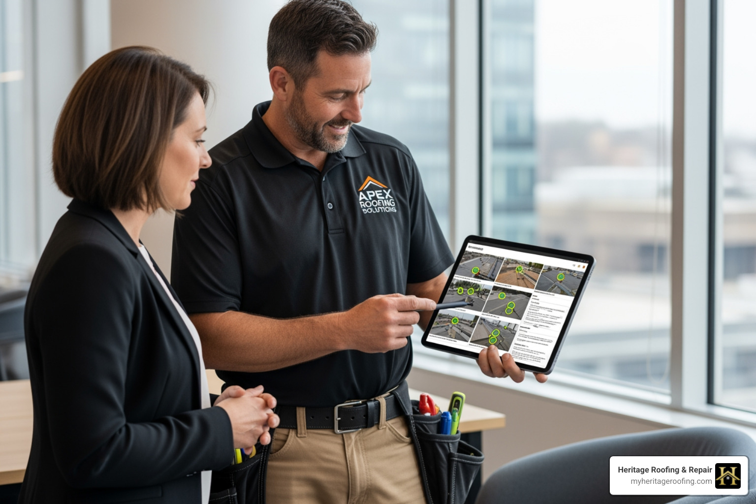 professional roofer showing a client a digital inspection report on a tablet - commercial roofing arkansas professional roofer showing a client a digital inspection report on a tablet - commercial roofing arkansas