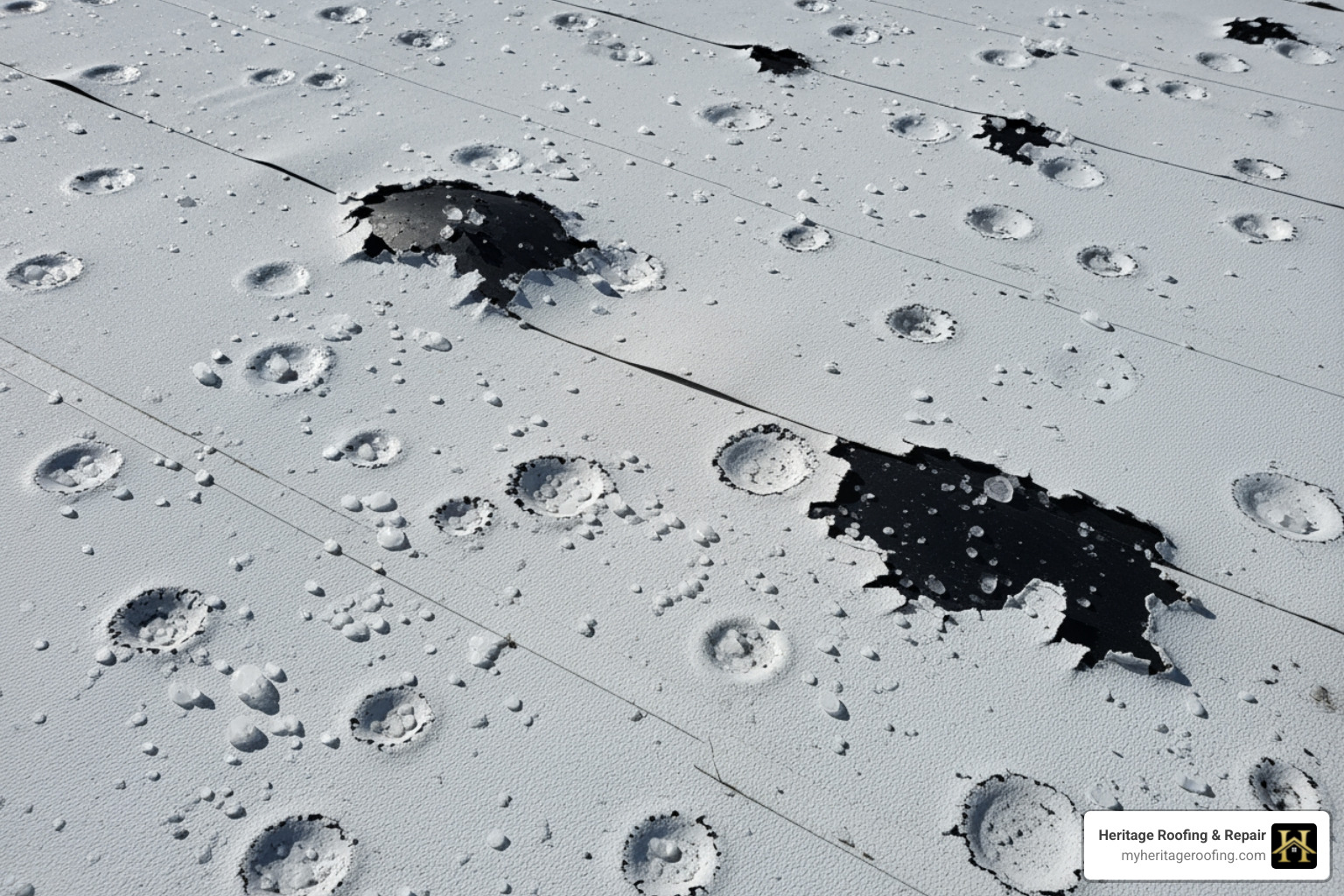 hail-damaged TPO roof showing dents and punctures - commercial roofing arkansas hail-damaged TPO roof showing dents and punctures - commercial roofing arkansas