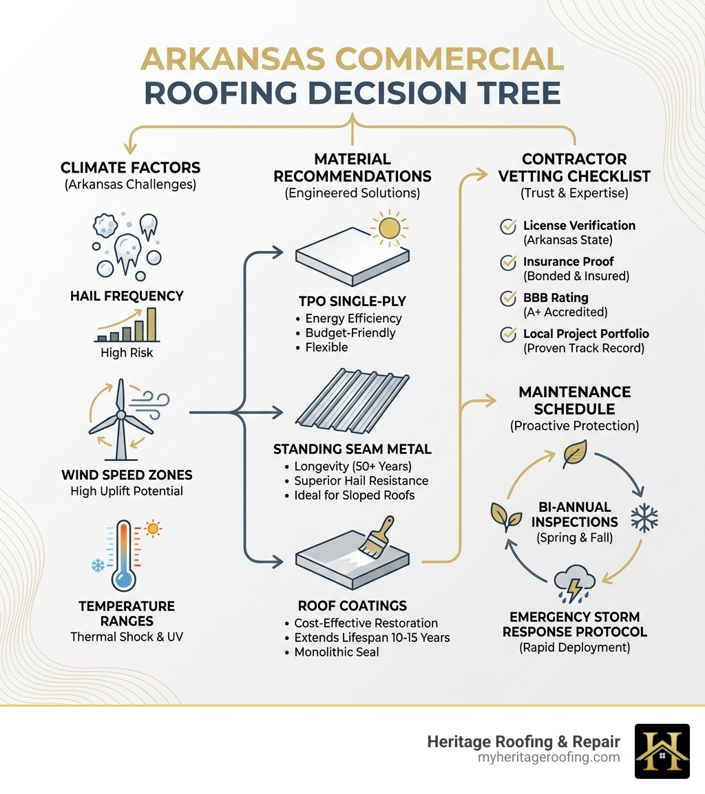 Infographic showing Arkansas commercial roofing decision tree: climate factors (hail frequency, wind speed zones, temperature ranges) leading to material recommendations (TPO for energy efficiency and budget, metal for longevity and hail resistance, coatings for cost-effective restoration), contractor vetting checklist (license verification, insurance proof, BBB rating, local project portfolio), and maintenance schedule (bi-annual inspections in spring and fall, emergency storm response protocol) - commercial roofing arkansas infographic Infographic showing Arkansas commercial roofing decision tree: climate factors (hail frequency, wind speed zones, temperature ranges) leading to material recommendations (TPO for energy efficiency and budget, metal for longevity and hail resistance, coatings for cost-effective restoration), contractor vetting checklist (license verification, insurance proof, BBB rating, local project portfolio), and maintenance schedule (bi-annual inspections in spring and fall, emergency storm response protocol) - commercial roofing arkansas infographic
