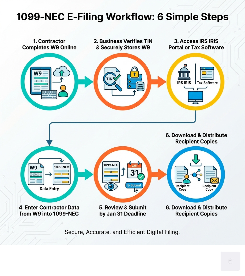Infographic showing the 1099-NEC e-filing workflow: Step 1 - Contractor completes W9 form online; Step 2 - Business verifies TIN and stores W9 securely; Step 3 - Business accesses IRS IRIS portal or tax software; Step 4 - Business enters contractor data from W9 into 1099-NEC form; Step 5 - Business reviews and submits by January 31 deadline; Step 6 - Business downloads recipient copies and distributes to contractors - how to file 1099 nec electronically infographic Infographic showing the 1099-NEC e-filing workflow: Step 1 - Contractor completes W9 form online; Step 2 - Business verifies TIN and stores W9 securely; Step 3 - Business accesses IRS IRIS portal or tax software; Step 4 - Business enters contractor data from W9 into 1099-NEC form; Step 5 - Business reviews and submits by January 31 deadline; Step 6 - Business downloads recipient copies and distributes to contractors - how to file 1099 nec electronically infographic