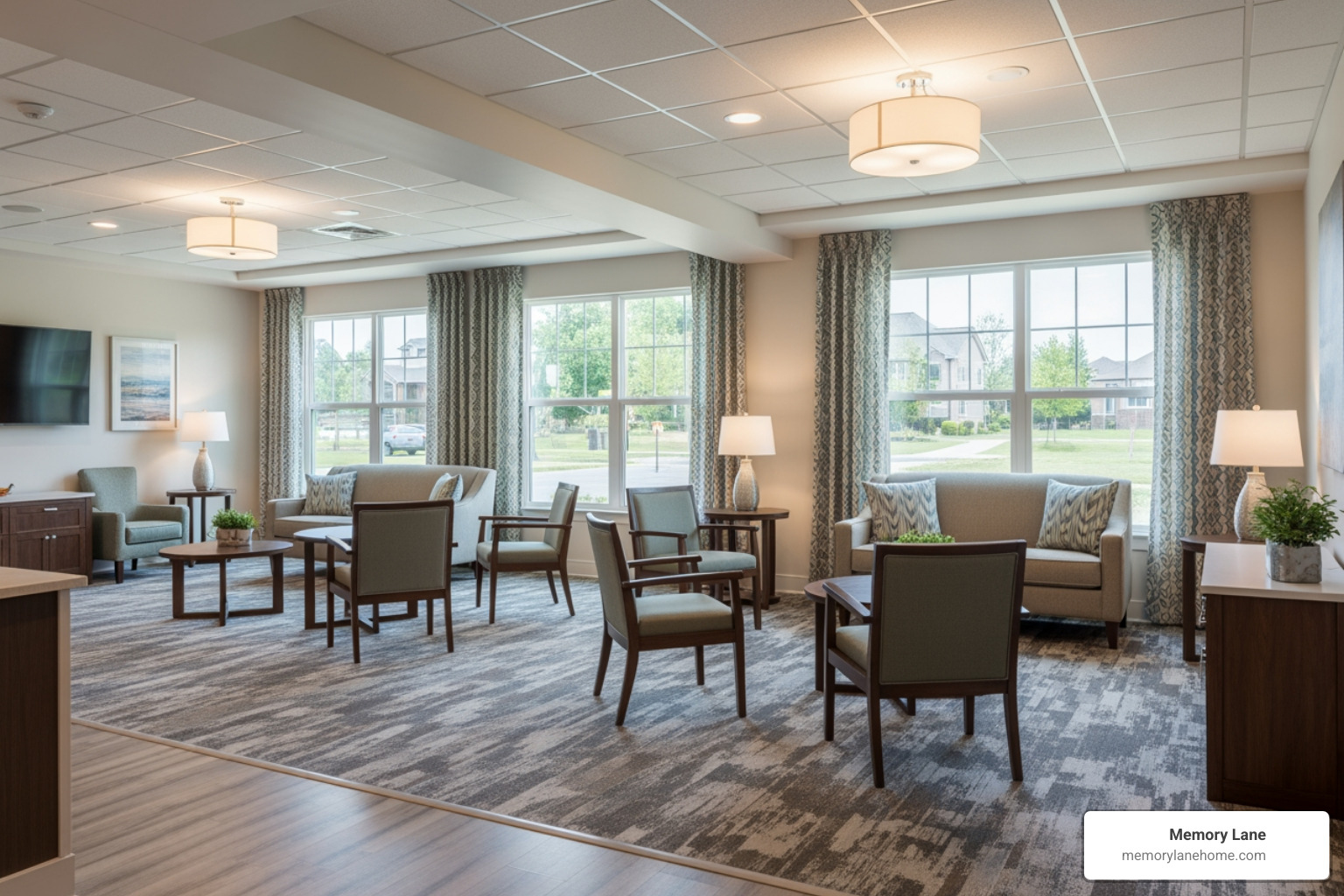 modern, dementia-friendly common area with clear visual cues and natural light - memory care
