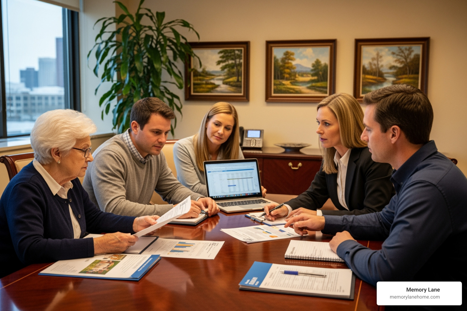 family discussing finances with a senior living advisor - memory care