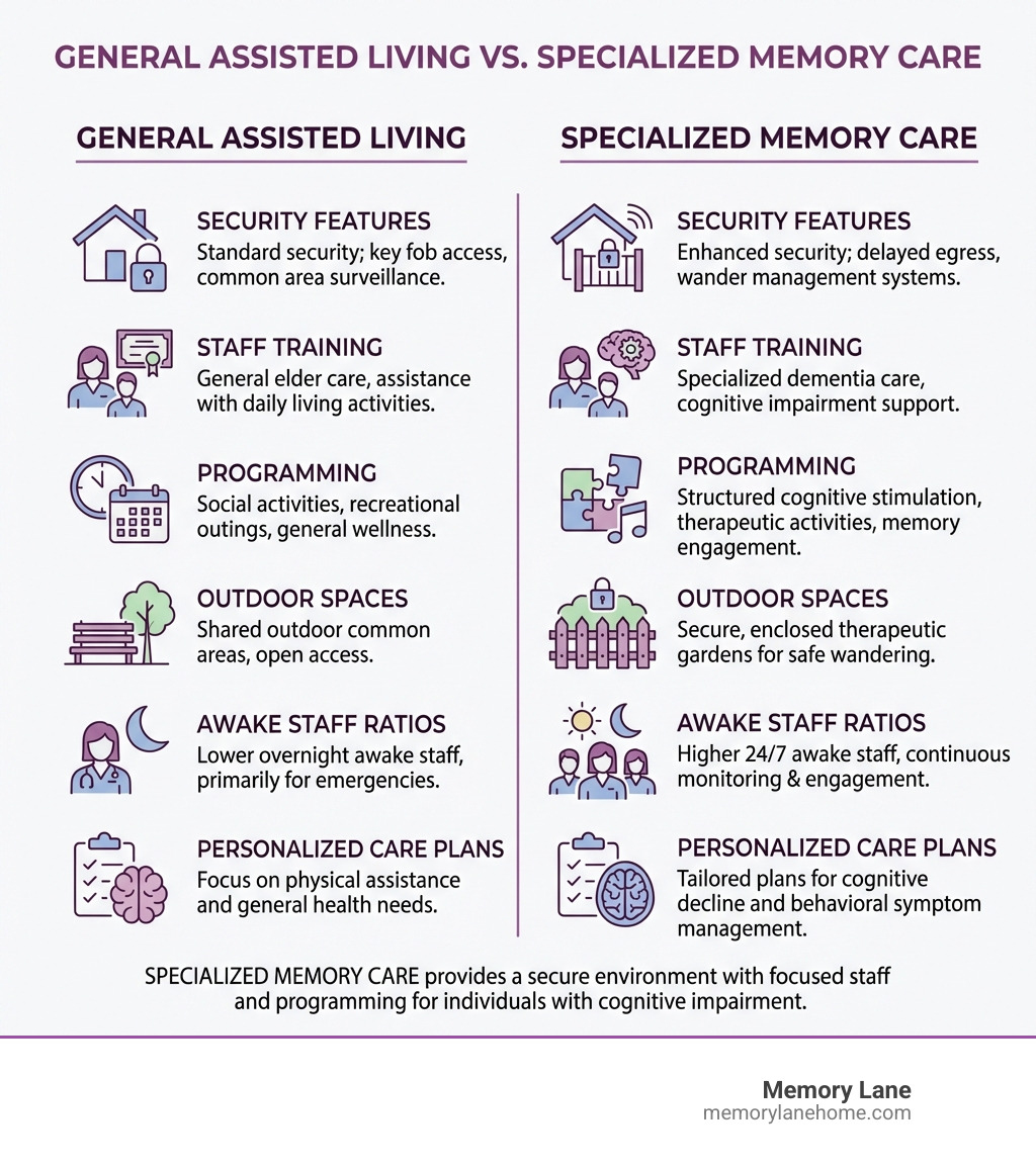 infographic comparing general assisted living and specialized memory care showing differences in security features, staff training requirements, specialized programming for dementia, secure outdoor spaces, 24/7 awake staff ratios, and personalized care plans for cognitive impairment - memory care infographic 