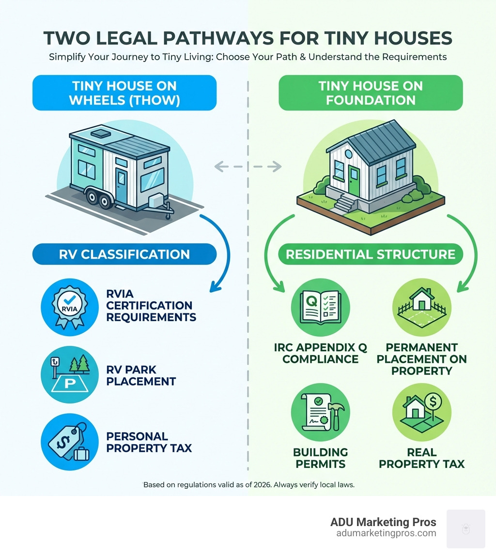 infographic showing two distinct legal pathways for tiny houses: left side shows a tiny house on wheels labeled as RV classification with RVIA certification requirements, RV park placement, and personal property tax; right side shows a tiny house on foundation labeled as residential structure with IRC Appendix Q compliance, permanent placement on property, building permits, and real property tax - Tiny house legal infographic 