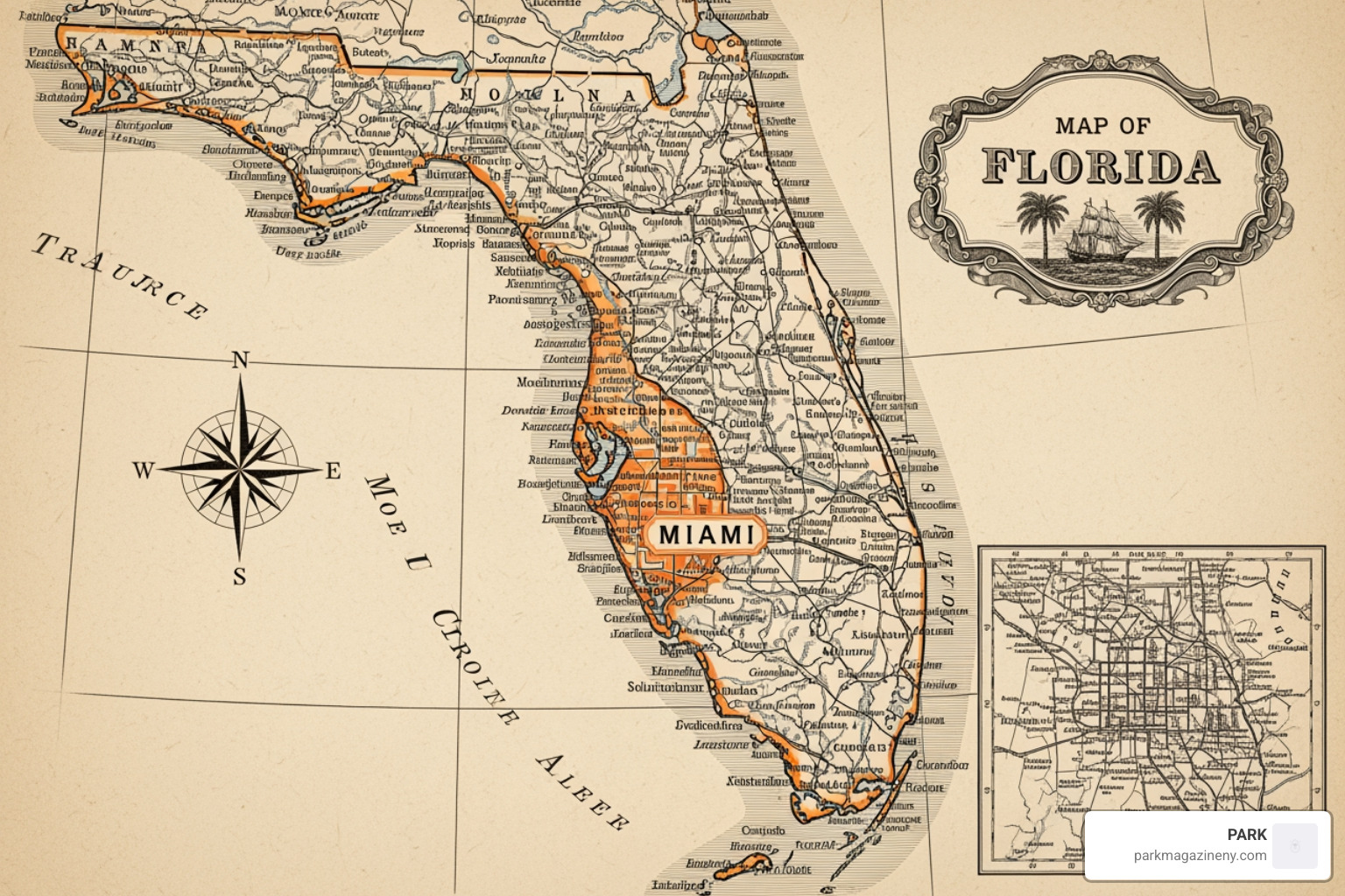 vintage map of Florida highlighting Miami - jit meaning