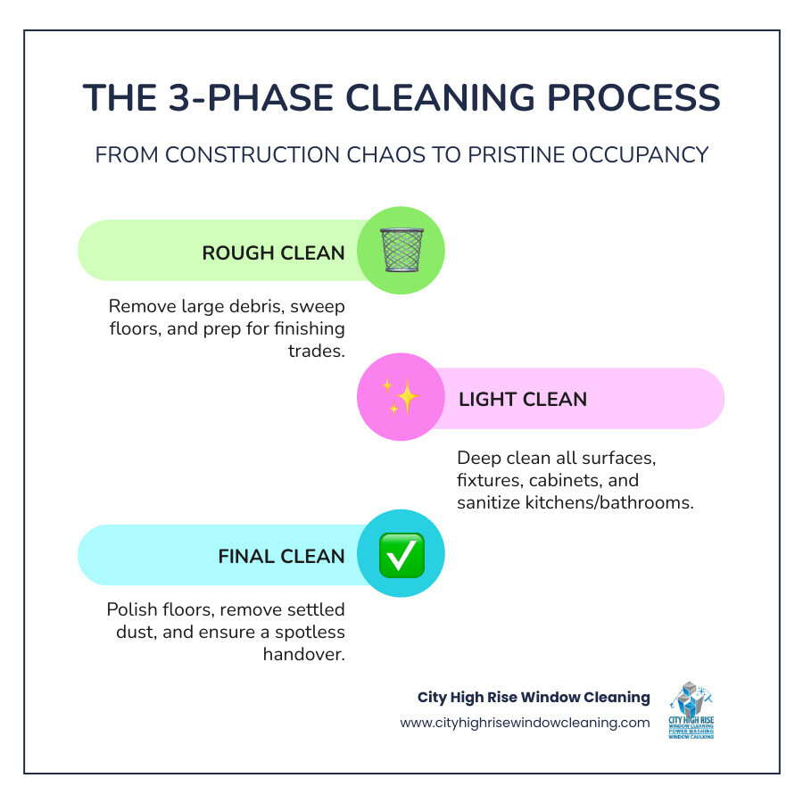 Infographic showing the three phases of post-construction cleaning: Phase 1 Rough Clean removes large debris and preps for trades, Phase 2 Light Clean deep cleans all surfaces and fixtures, Phase 3 Final Clean polishes floors and removes settled dust for move-in readiness - post construction cleaning contractors infographic infographic-line-3-steps-colors Infographic showing the three phases of post-construction cleaning: Phase 1 Rough Clean removes large debris and preps for trades, Phase 2 Light Clean deep cleans all surfaces and fixtures, Phase 3 Final Clean polishes floors and removes settled dust for move-in readiness - post construction cleaning contractors infographic infographic-line-3-steps-colors