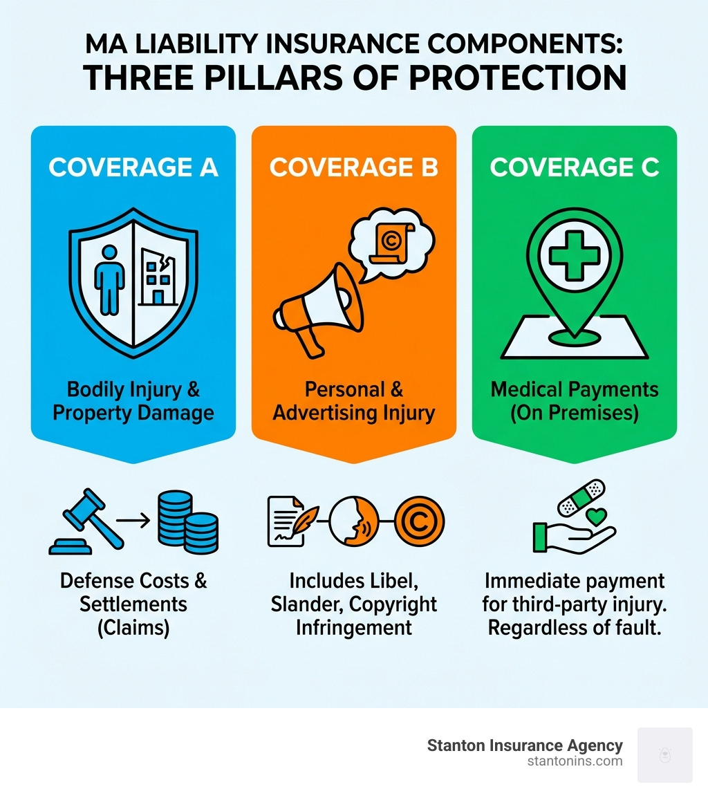 Infographic showing the three main components of MA liability insurance: Coverage A protects against bodily injury and property damage claims with defense costs and settlements; Coverage B covers personal and advertising injury including libel, slander, and copyright infringement; Coverage C provides immediate medical payments for third-party injuries on your premises regardless of fault - MA liability insurance infographic 