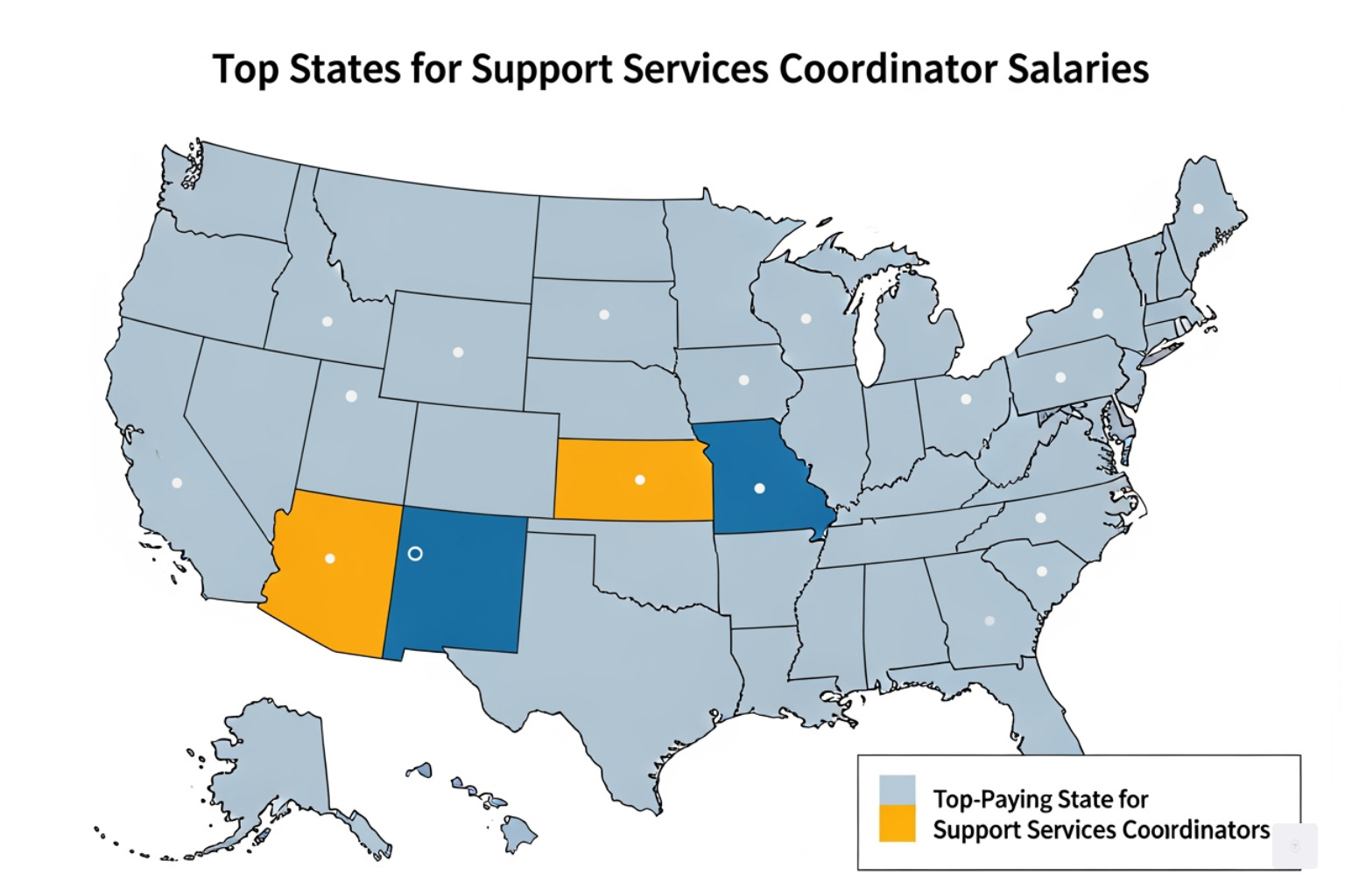 A map highlighting California as a top-paying state for support services coordinators - support services coordinator salary A map highlighting California as a top-paying state for support services coordinators - support services coordinator salary