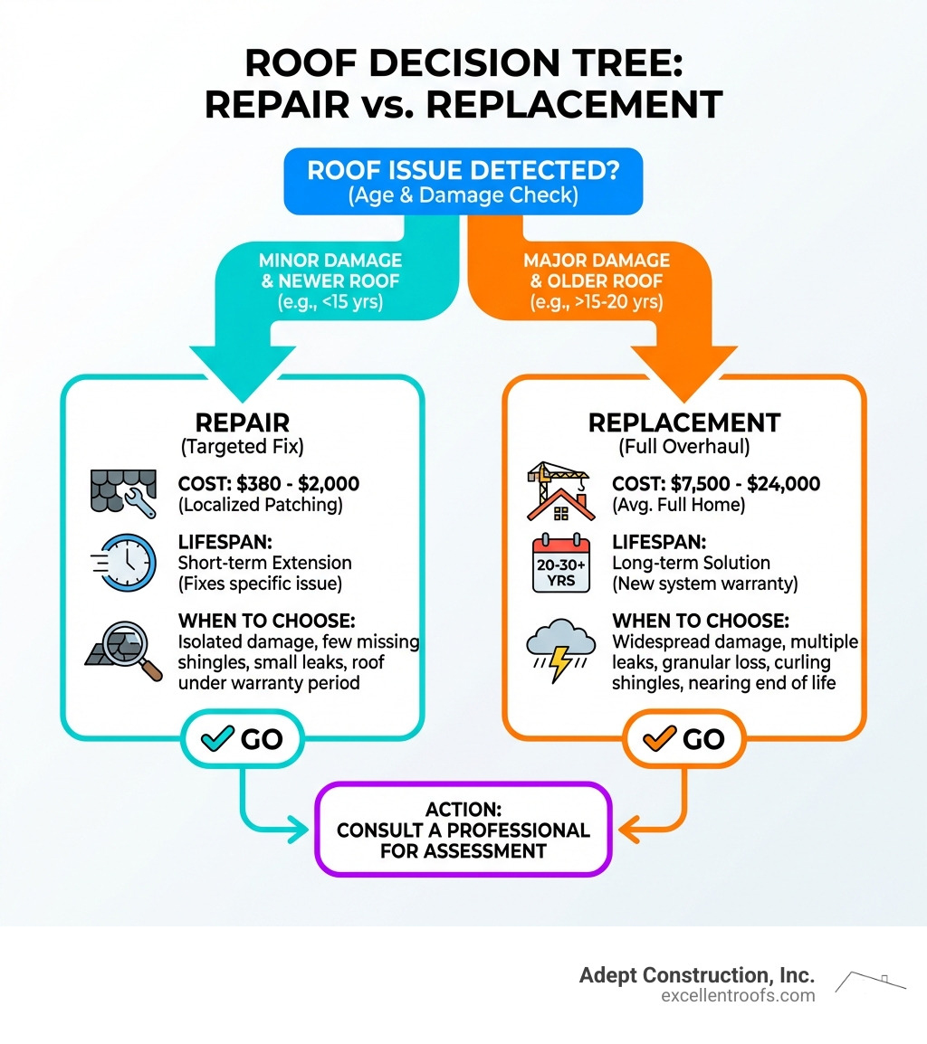 infographic showing repair vs replacement decision tree with cost ranges, lifespan comparison, and when to choose each option based on roof age and damage extent - cost for replacing shingles on a roof infographic infographic showing repair vs replacement decision tree with cost ranges, lifespan comparison, and when to choose each option based on roof age and damage extent - cost for replacing shingles on a roof infographic