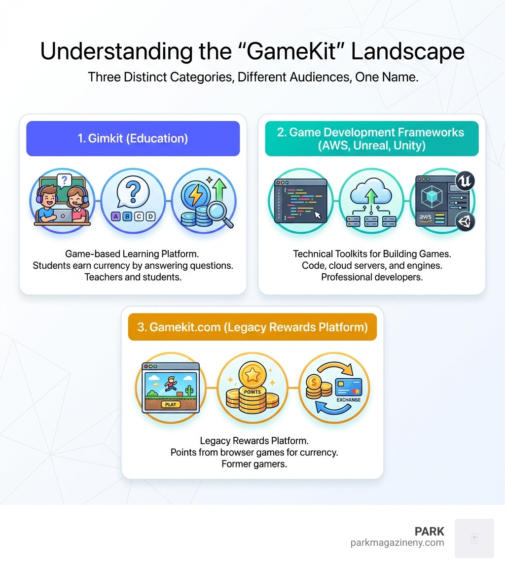 Infographic showing three distinct categories: 1) Gimkit (Education) with icons of students, questions, and power-ups; 2) Game Development Frameworks (AWS, Unreal, Unity) with icons of code, cloud servers, and game engines; 3) Gamekit.com (Legacy Rewards Platform) with icons of browser games, points, and currency exchange - gamekit infographic Infographic showing three distinct categories: 1) Gimkit (Education) with icons of students, questions, and power-ups; 2) Game Development Frameworks (AWS, Unreal, Unity) with icons of code, cloud servers, and game engines; 3) Gamekit.com (Legacy Rewards Platform) with icons of browser games, points, and currency exchange - gamekit infographic